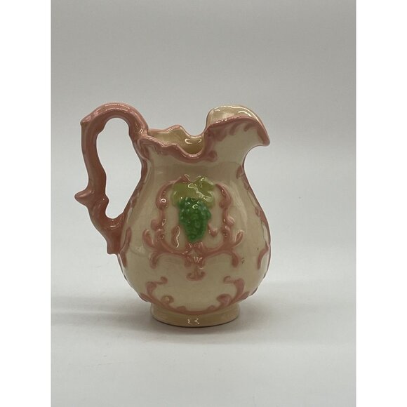 Small Vintage Hand-Painted Ewer/Pitcher Cream, Pink & Green Raised Design w/Hand - Picture 2 of 5